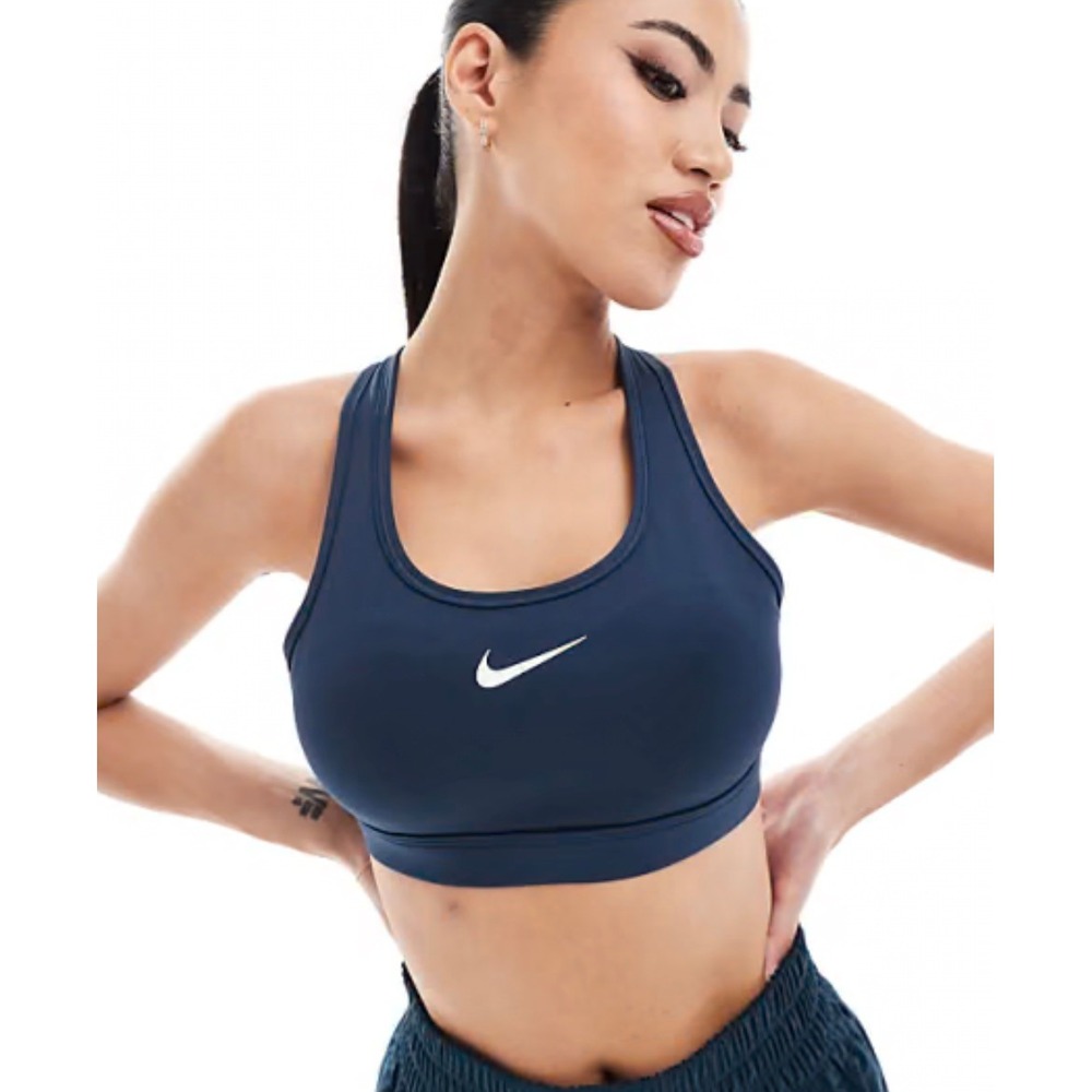 Nike Swoosh Womens Medium Support Padded Sports Bra Navy Blue Teal Large